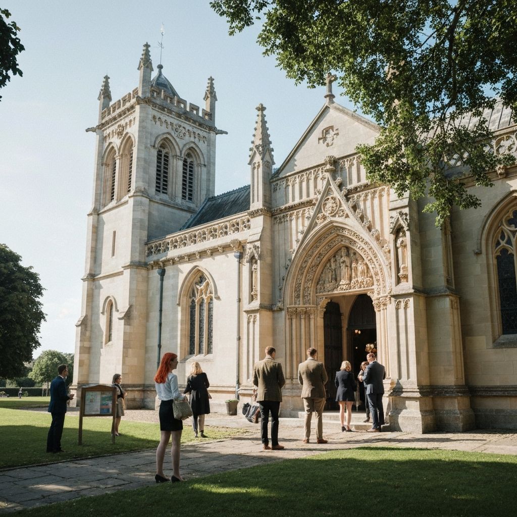 People gathered outside a church building