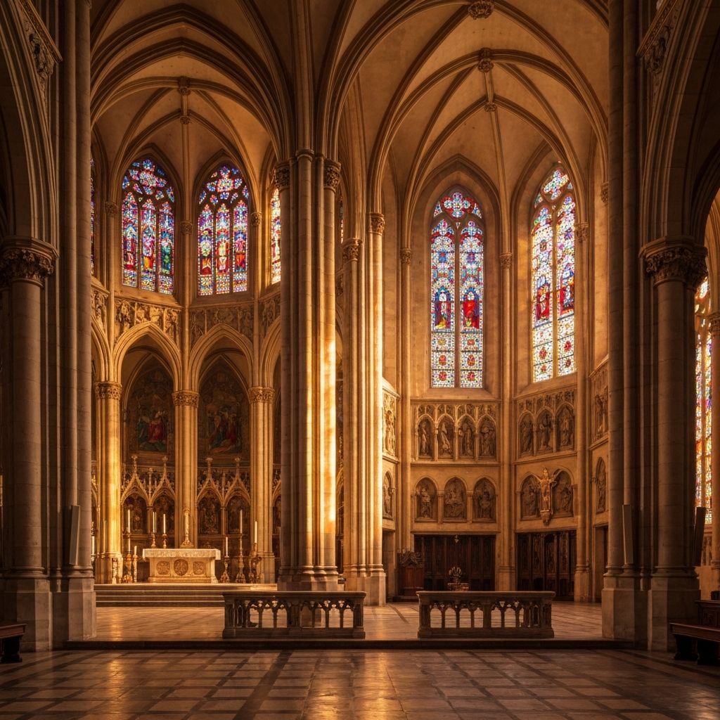 Traditional church interior with stained glass windows